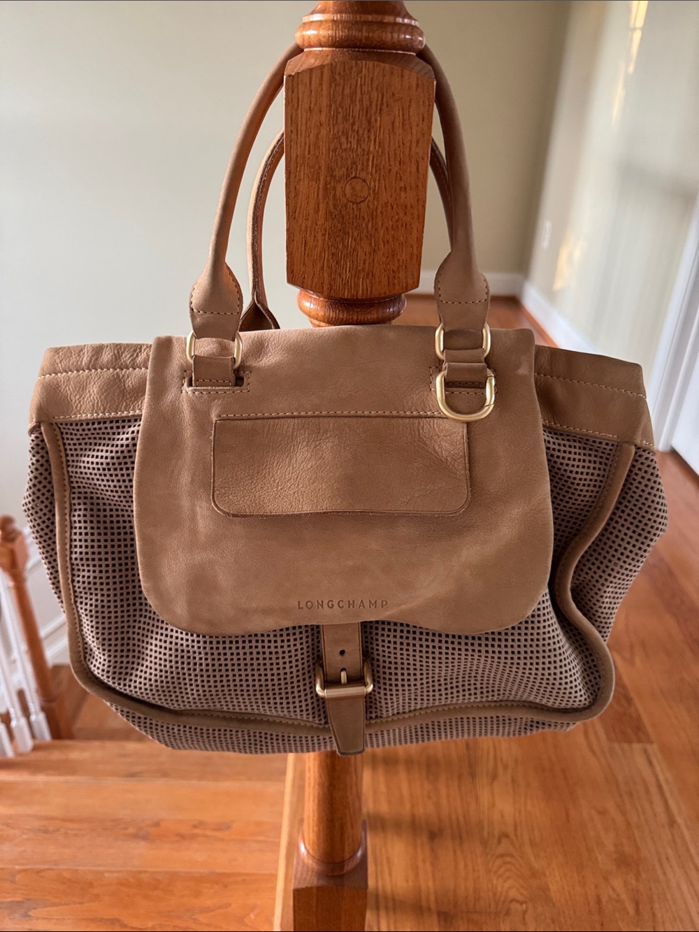 Longchamp Taupe Perforated Leather Bag
